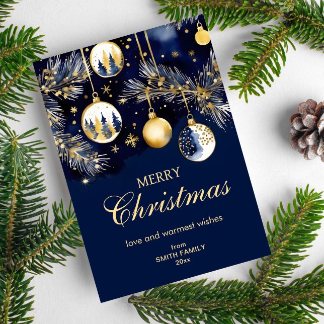 Cartão De Festividades Feliz Natal saudações ouro marinho baubles azuis (Merry Christmas classical holiday greeting card template instant download navy blue gold baubles )