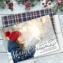 Cartão De Festividades Feliz Natal - Script de Caligrafia Marinho Xadrez 