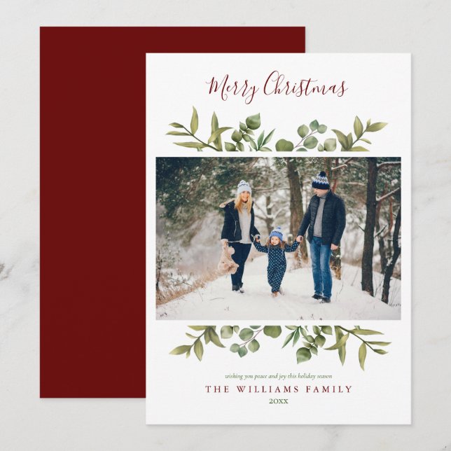 Cartão De Festividades Feliz Natal Script Greenery Foto de Folhagem (Frente/Verso)
