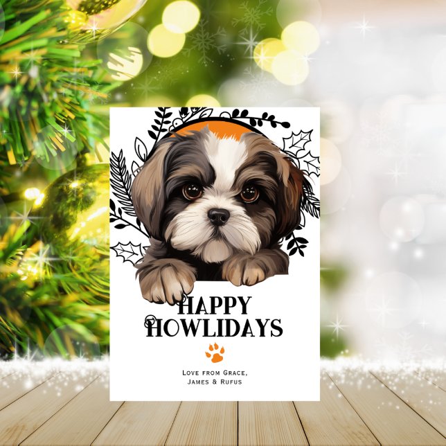 Cartão De Festividades Feliz Natal Shih Tzu (Happy Howlidays Shih Tzu Dog Christmas Holiday Card by Ricaso. Cute dog breed holiday cards)