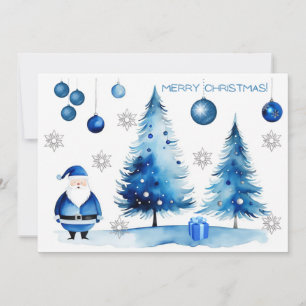 Cartão De Festividades Feliz Natal Silver e Blue Japandi Watercolor