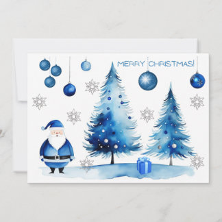 Cartão De Festividades Feliz Natal Silver e Blue Japandi Watercolor