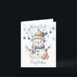Cartão De Festividades Feliz Natal Snowman<br><div class="desc">Deseje a alguém um Natal especial com este cartão adorável. Um adorável boneco de neve aquática vestindo um chapéu e cachecol e um sorriso grande e feliz. Atrás dele estão algumas bolhas azuis penduradas em alguma corda. Acima e abaixo lê Desejando um Feliz Natal em um roteiro preto.</div>