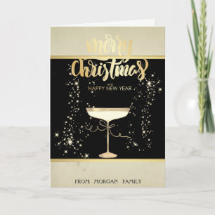 Cartão De Festividades Feliz Natal, Taça de Champanhe Gold Stars