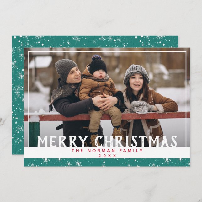 Cartão De Festividades Feliz Natal Teal Green Snowflake Foto (Frente/Verso)