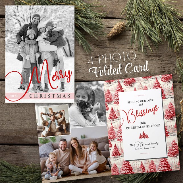 Cartão De Festividades Feliz Natal Tree Toile Foto Personalizada da Famíl (Vintage modern family multi-photo Merry Christmas trees red toile blessings holiday folded card)