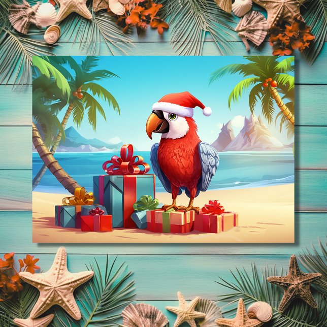 Cartão De Festividades Feliz Natal Tropical de Praia Tropical de Papagaio (Front - Cute Santa Parrot Tropical Beach Christmas Holiday Card)