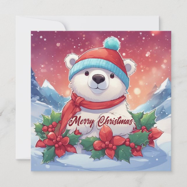 Cartão De Festividades Feliz Natal Urso Polar Branco (Frente)