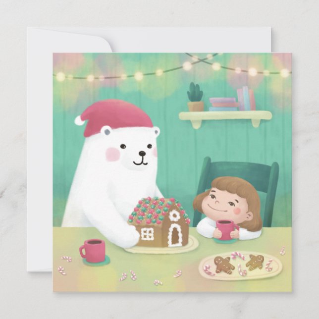 Cartão De Festividades Feliz Natal: Urso Polar e Criança (Frente)