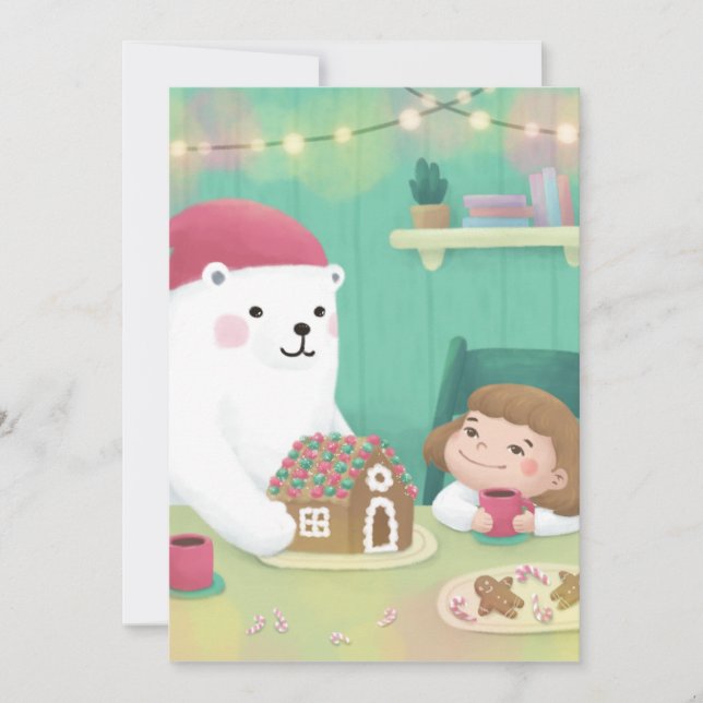 Cartão De Festividades Feliz Natal: Urso Polar e Criança (Frente)