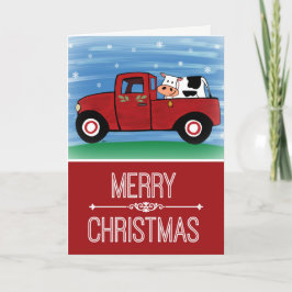 Cartão De Festividades Feliz Natal Vaca em um Caminhão Vermelho com Cartã