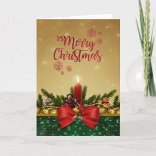 Cartão De Festividades Feliz Natal, Vela com Laço Vermelho, Galhos de Pin