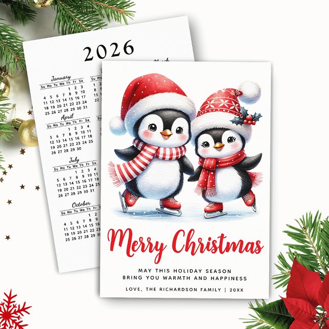 Cartão De Festividades Feliz Natal Vermelho Branca Divertido Pinguins de  (Red and White Merry Christmas Card with Funny Ice Skating Penguins and 2026 Calendar)