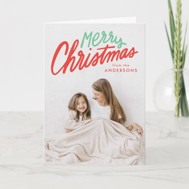 Cartão De Festividades Feliz Natal Vermelho e Verde 2 Foto (Frente)