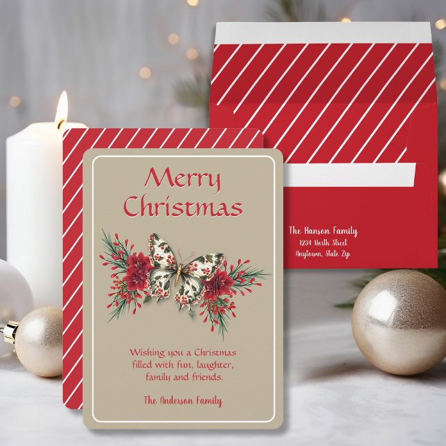 Cartão De Festividades Feliz Natal Vintage Butterfly Poinsettia (Criador carregado)