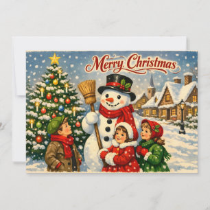 Cartão De Festividades Feliz Natal Vintage Crianças e Boneco de Neve