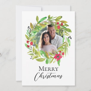Cartão De Festividades Feliz Natal Watercolor Foto do Casal Greenery