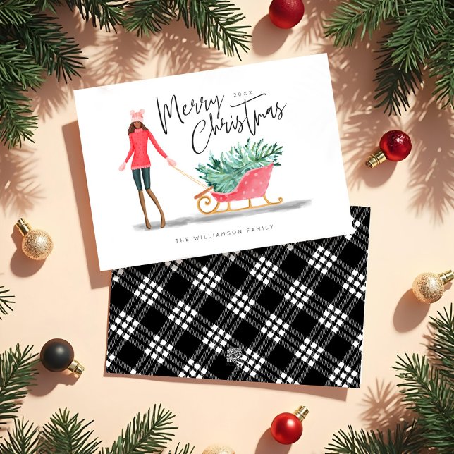 Cartão De Festividades Feliz Natal Watercolor Garota de Natal (Merry Christmas Watercolor Christmas Girl Sleigh Holiday Card)