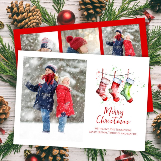 Cartão De Festividades Feliz Natal Watercolor Stockages Foto Colagem (Merry Christmas holiday photo card with whimsical watercolor stockings. )