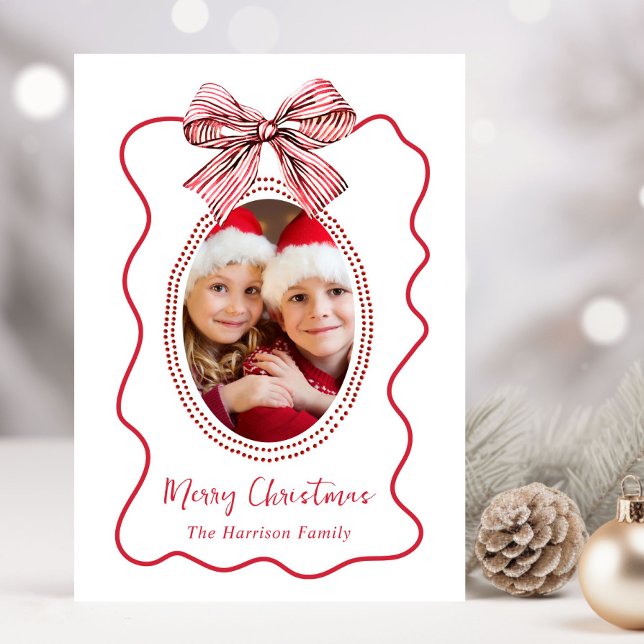 Cartão De Festividades Feliz Natal Whimsical Red Wavy Frame Photo Arco (Picture-Perfect Memories: Create Your Custom Photo Christmas Card)