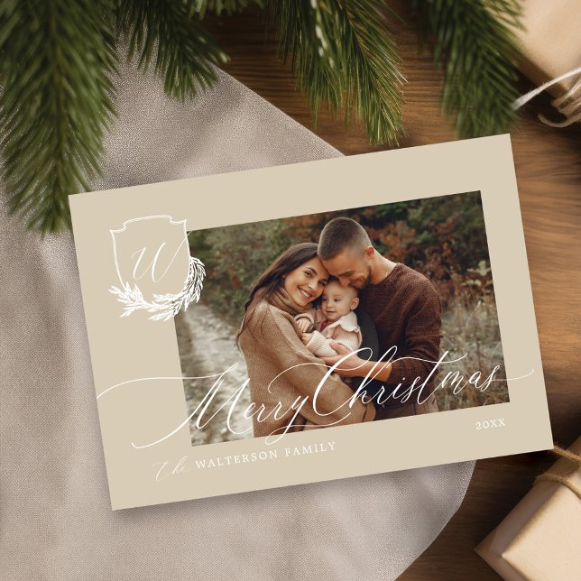 Cartão De Festividades Feliz Natal Winter Garland Monograma Foto (Merry Christmas Winter Garland Monogram Photo Holiday Card)