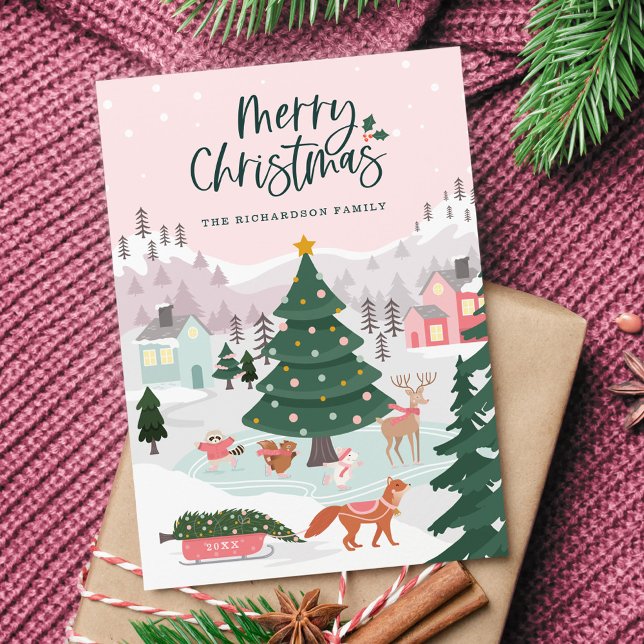 Cartão De Festividades Feliz Natal Wonderland Woodland (Merry Christmas Winter Wonderland Woodland Animals Holiday Card)