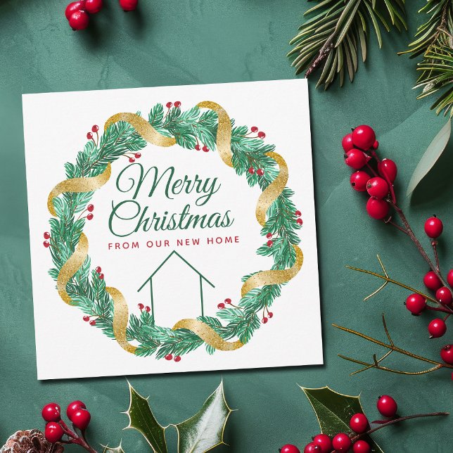Cartão De Festividades Feliz Natal Wreath Belo Novo Endereço Doméstico (Criador carregado)