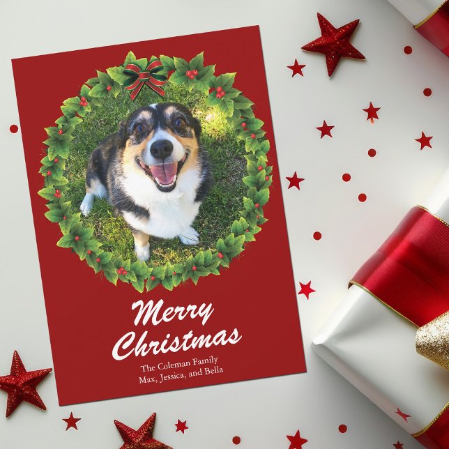 Cartão De Festividades Feliz Natal Wreath Personalizada Foto de Pet (Criador carregado)