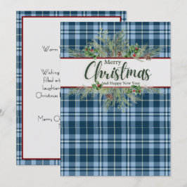 Cartão De Festividades "Feliz Natal" Xadrez Azul Vintage Gingham