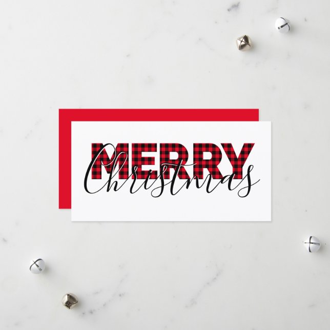 Cartão De Festividades Feliz Natal Xadrez de Buffalo Vermelho e Caligrafi (Frente/Verso In Situ)