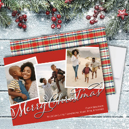 Cartão De Festividades Feliz Natal - Xadrez de Férias Vermelhas com Vária