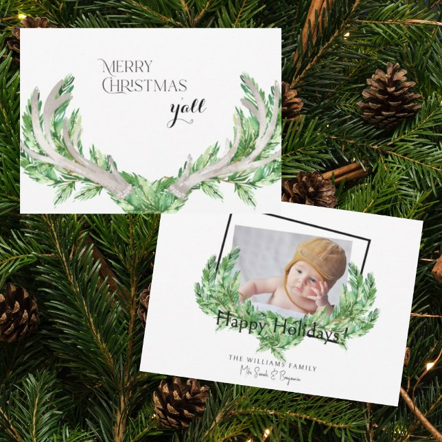 Cartão De Festividades Feliz Natal Y Foto de Antlers de Férias (Criador carregado)