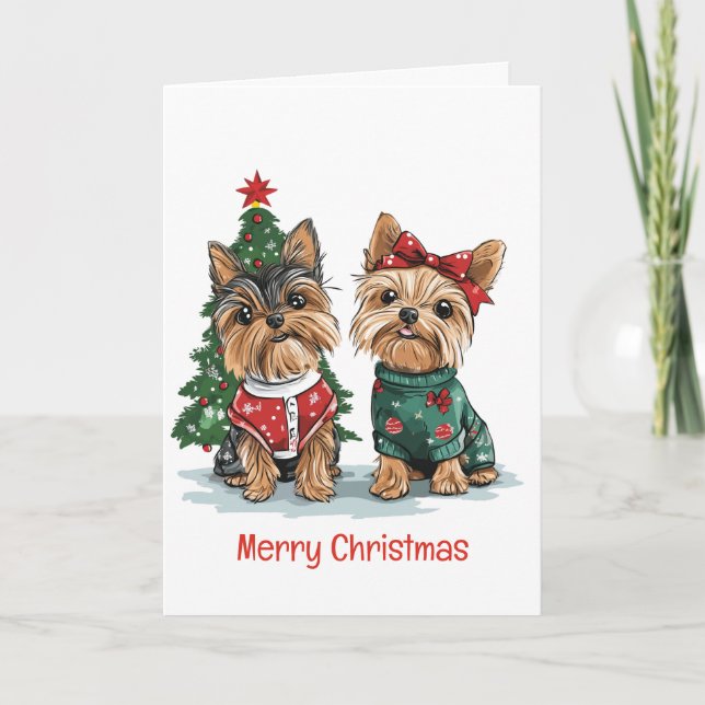 Cartão De Festividades Feliz Natal Yorkie Dogs (Frente)