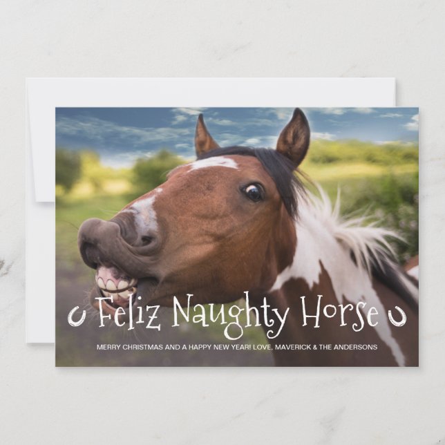 Cartão De Festividades Feliz Naughn Horse Funny Personalizado Foto de Pet (Frente)