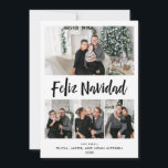 Cartão De Festividades Feliz Navidad | Black and White Multi Photo Grid<br><div class="desc">This simple and stylish holiday card says "Feliz Navidad, " or "Merry Christmas" in Spanish,  in modern handwritten script typography. There is room to add four of your favorite personal photos. The back of the card features trendy black and white polka dots for a fresh,  minimalist look.</div>