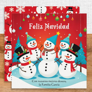 Cartão De Festividades Feliz Navidad Bonecos de Neve Vermelhos Natal Pers