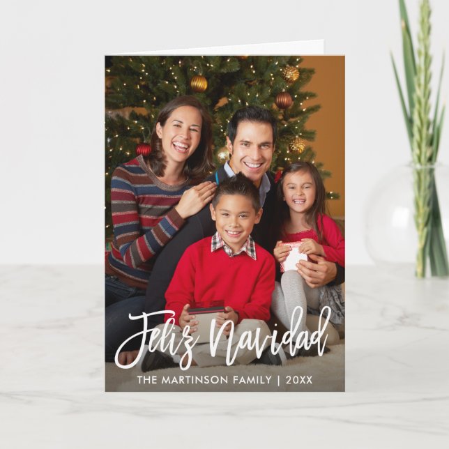 Cartão De Festividades Feliz Navidad Brush Script Family Photo Fold (Frente)