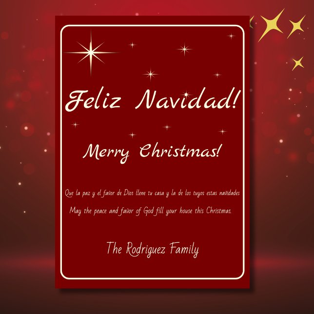 Cartão De Festividades Feliz Navidad Dourado e Vermelho Natal Bilingue (bilingual Spanish Christmas card Gold & red, Cusotm text & last name. Multilingual project)