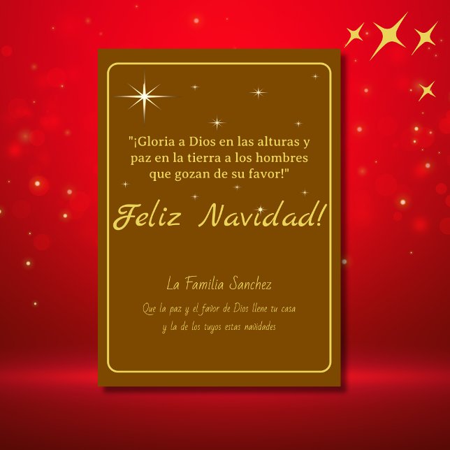 Cartão De Festividades Feliz Navidad Dourado & Marrom Lucas 2:14 Verso (Spanish Christmas card Brown, golden customizable text & greetings. Con Jesús en el camino)