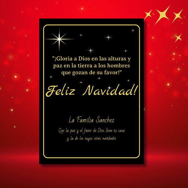 Cartão De Festividades Feliz Navidad Dourado & Preto Lucas 2:14 Verso (Spanish Christmas Card Black customizable text & greetings. with Bible verse. Con Jesus en el camino)