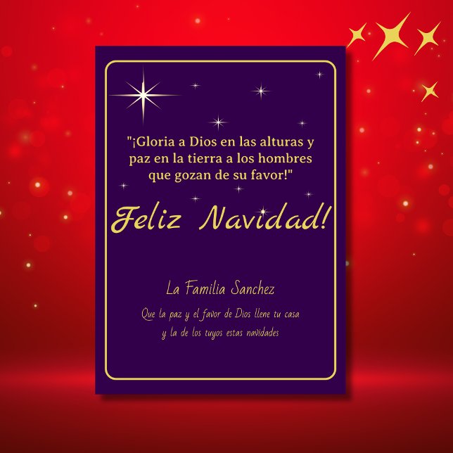 Cartão De Festividades Feliz Navidad Dourado & Roxo Lucas 2:14 Verso (Spanish Christmas Card Purple, personalized terxt & greetings with bible verse. Con Jesus en el cami)