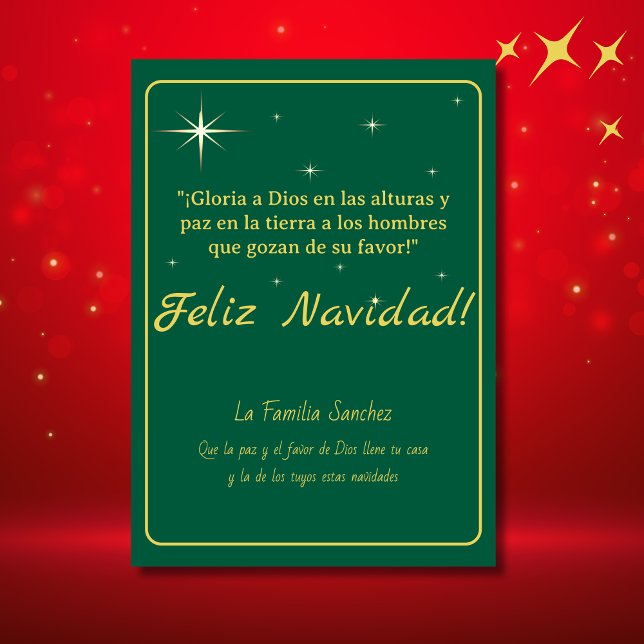 Cartão De Festividades Feliz Navidad Dourado & Verde Lucas 2:14 Verso (Spanish Christmas Card Green & Golden, customizable text & greetings. Con Jesus en el camino)