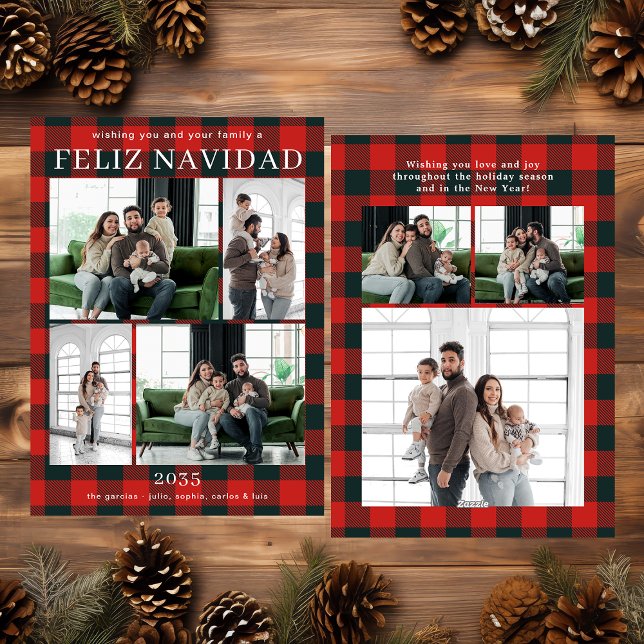 Cartão De Festividades Feliz Navidad Multi Photo Red Buffalo Plaid (Criador carregado)