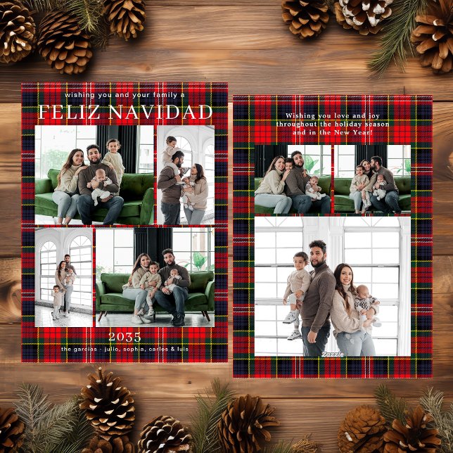 Cartão De Festividades Feliz Navidad Multi Photo Red Plaid Holiday Card (Criador carregado)