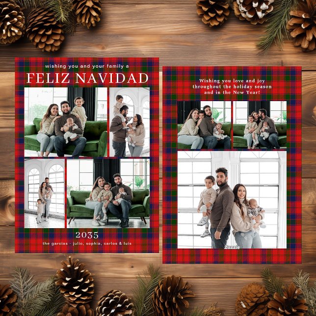Cartão De Festividades Feliz Navidad Multi Photo Red Plaid Holiday Card (Criador carregado)