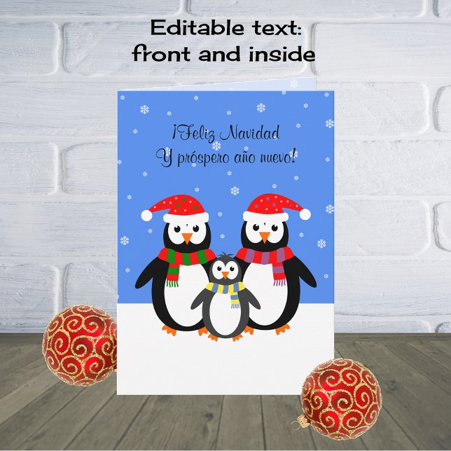 Cartão De Festividades Feliz navidad natal pinguins do ano novo espanhol (Criador carregado)