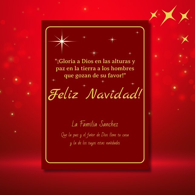 Cartão De Festividades Feliz Navidad Ouro & Red Luke 2:14 Verse (Spanish Christmas Card Red, personalized text & greeting, bible verse. Con jesús en el camino)