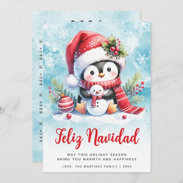 Cartão De Festividades Feliz Navidad Pinguim Bonito Natal Espanhol (Frente/Verso)
