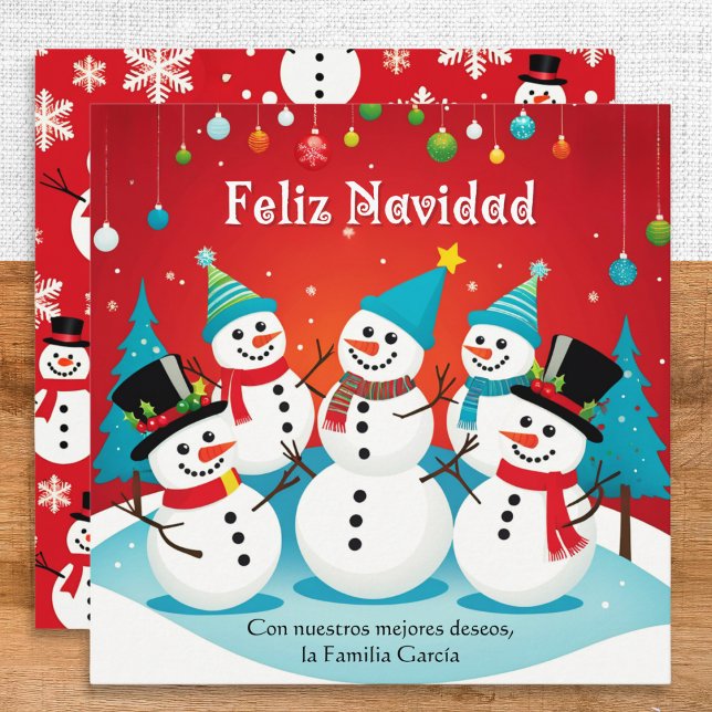 Cartão De Festividades Feliz Navidad Snowmen Red Personalizado Natal (A Christmas card with snowmen picture, Spanish greeting 'Feliz Navidad' and your own custom message)