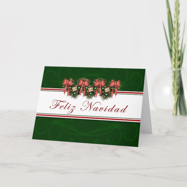 Cartão De Festividades Feliz Navidad - Spanish Garland Red Bows Card (Frente)